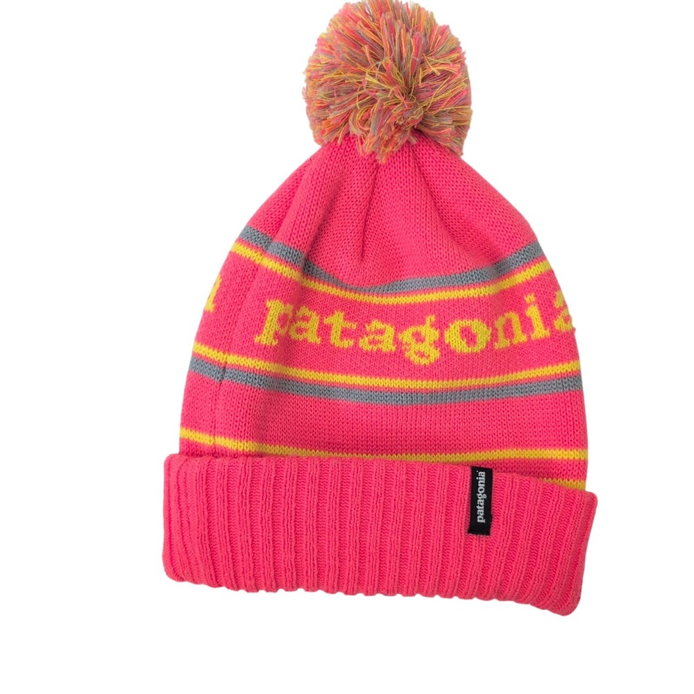 Patagonia Powder Town‎ Beanie Pink Yellow Striped Pom Pom Knit Hat One Size